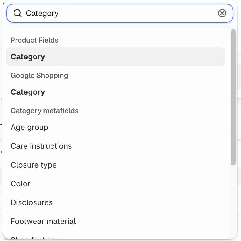 Ablestar Bulk Product Editor field list searched for Category, showing Category under Product Fields, Category under Google Shopping, and category metafields like Age group, Care instructions, Closure type and Color