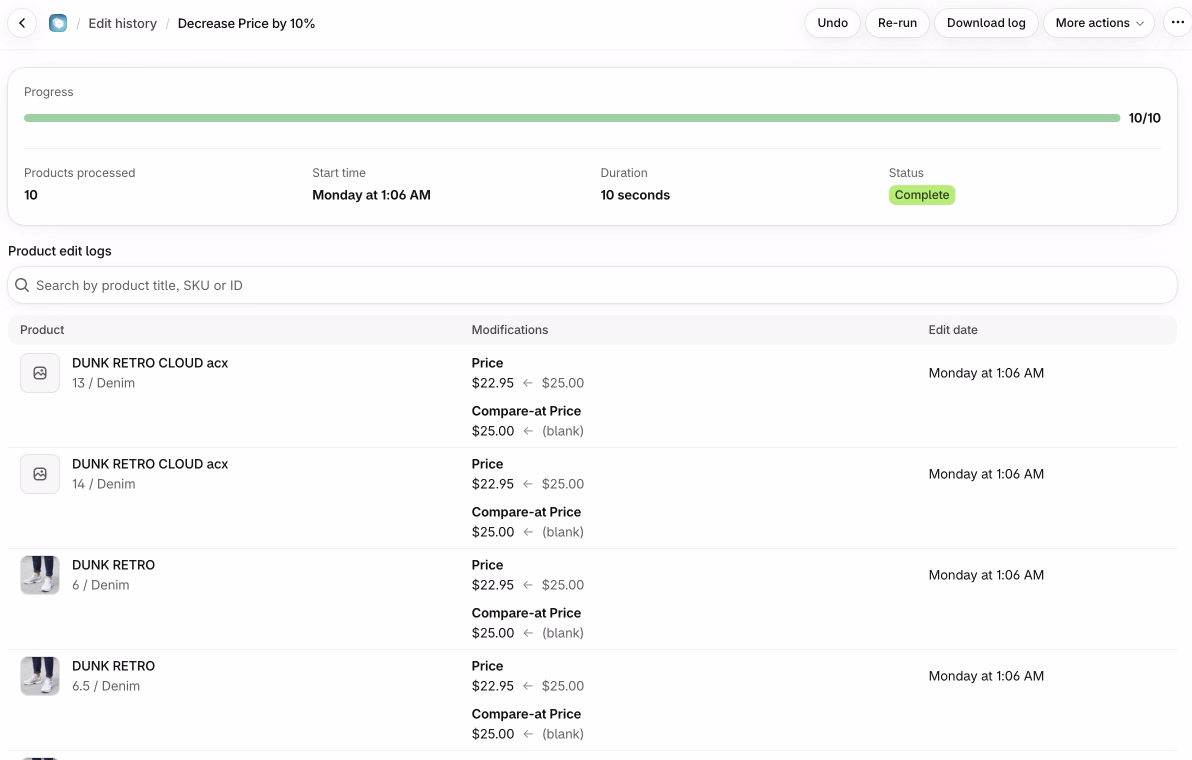 Ablestar Bulk Product Editor edit page for Decrease Price by 10%, with Undo, Re-run, and Download log buttons and a log of old and new price and compare-at price for each variant