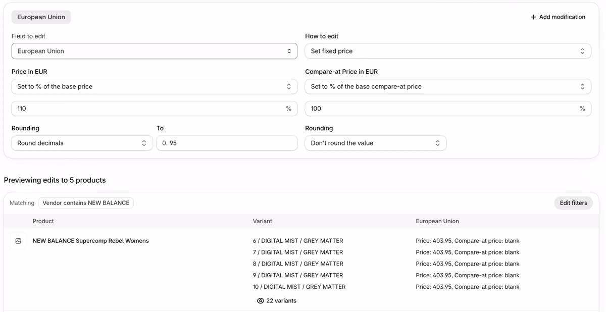 Ablestar Bulk Product Editor edit for the European Union catalog that sets a fixed price in EUR at 110% of the base price, rounded to .95, with a preview of the new EUR prices