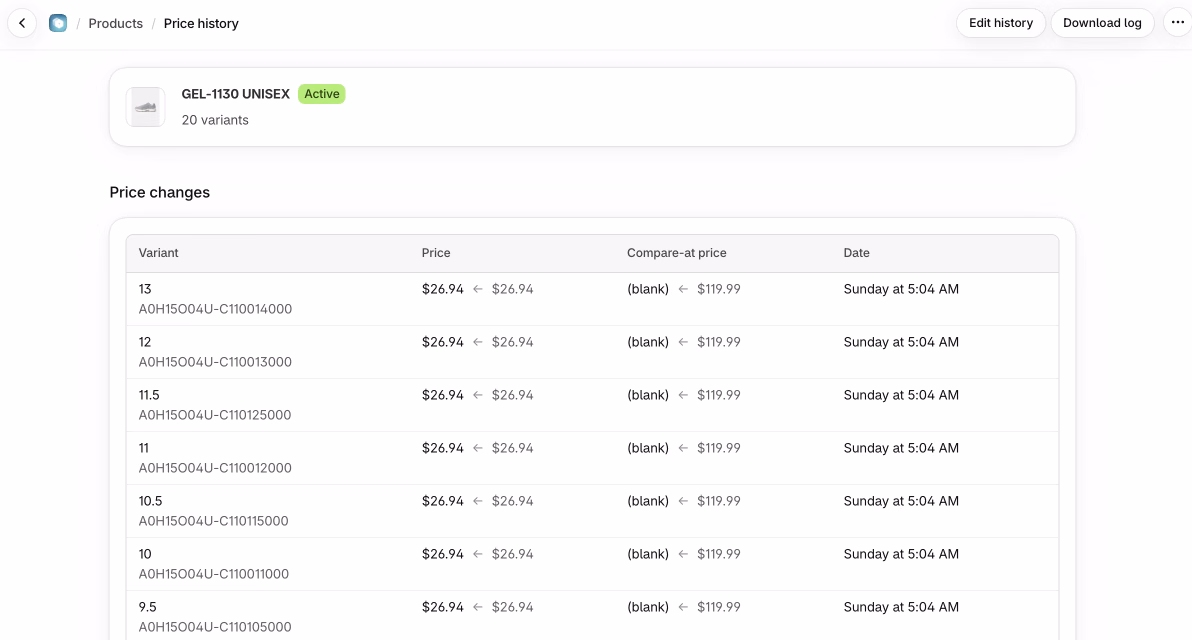 Ablestar Bulk Product Editor Price history page for a product, listing each variant's price and compare-at price changes with dates, including compare-at prices that changed from $119.99 to blank