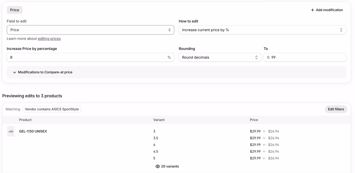 Ablestar Bulk Product Editor edit that increases the price by 8% and rounds decimals to .99, with a preview that shows $26.94 becoming $29.99 for every variant