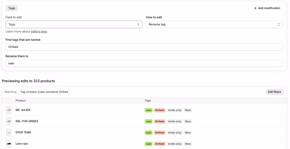 Ablestar Bulk Product Editor Rename tag edit that renames the tag OnSale to sale on 323 products, with a preview that shows sale in green and OnSale crossed out in red