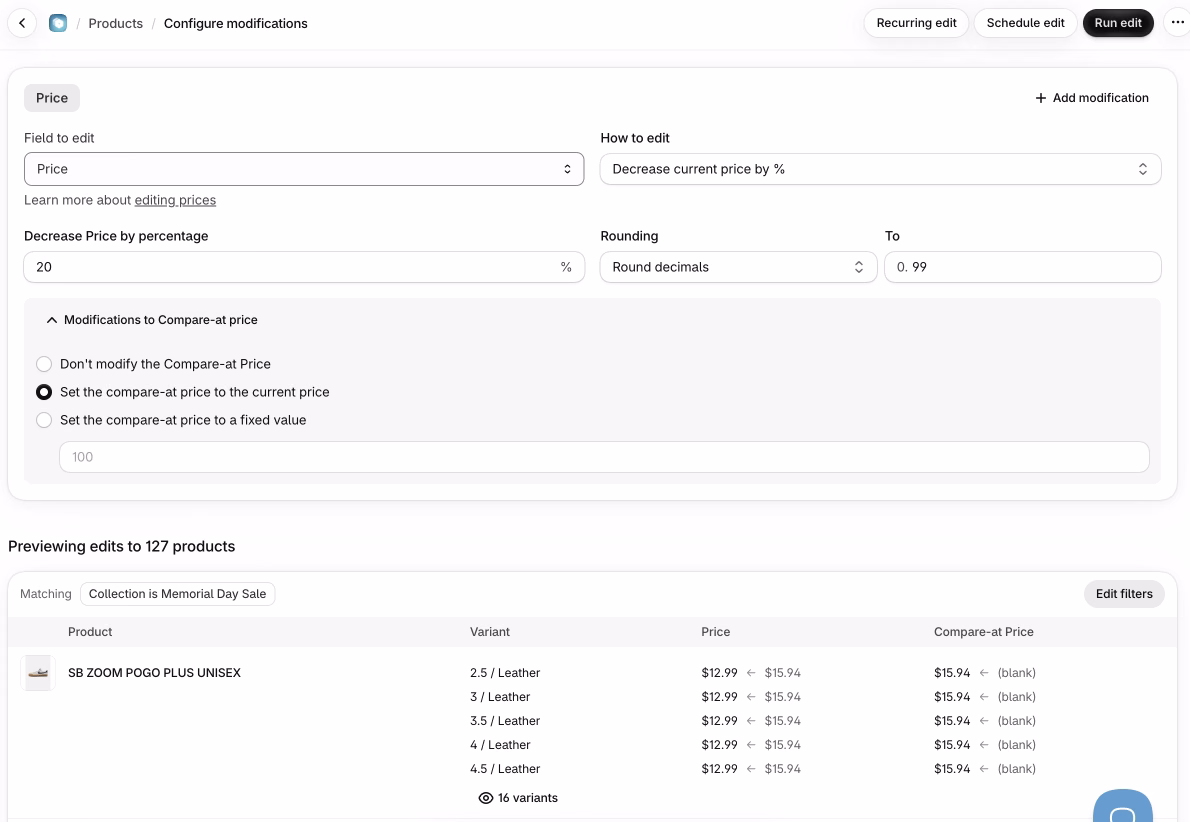 Ablestar Bulk Product Editor edit setup that decreases the price by 20%, rounds decimals to .99, and sets the compare-at price to the current price, with a preview of 127 products in the Memorial Day Sale collection