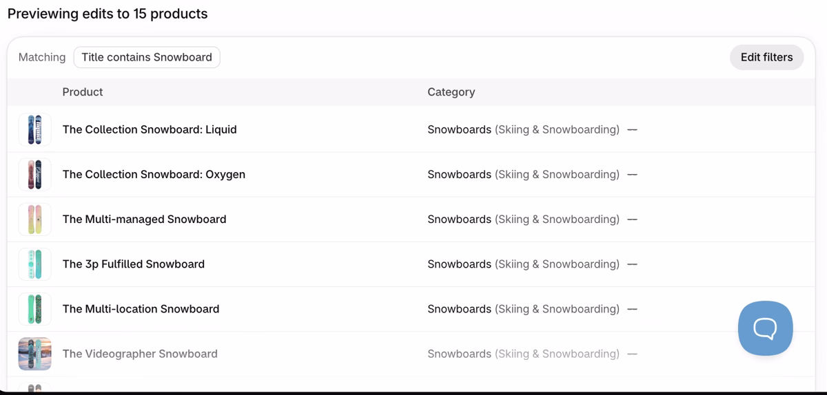 Ablestar Bulk Product Editor preview of 15 products matching Title contains Snowboard, each getting the category Snowboards (Skiing & Snowboarding)
