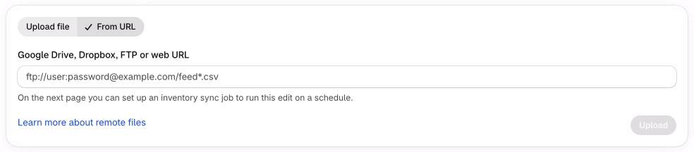 Ablestar Bulk Product Editor Spreadsheet edit page with the From URL option selected and a field for a Google Drive, Dropbox, FTP or web URL