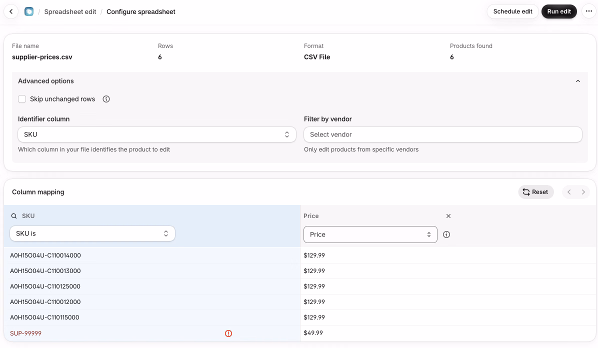 Ablestar Bulk Product Editor Configure spreadsheet page for supplier-prices.csv with SKU as the identifier column, the Price column mapped to Price, and one SKU in red because no product matches it