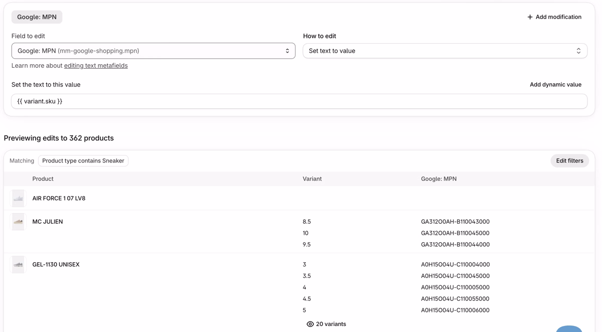 Ablestar Bulk Product Editor edit of the variant metafield Google: MPN set to the dynamic value variant.sku, with a preview of 362 products where every size gets its own SKU as MPN
