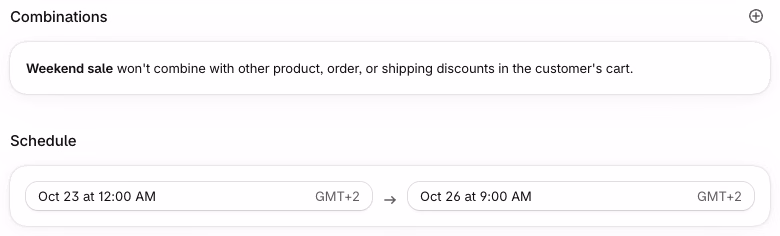 Shopify discount Schedule section with a start date of Oct 23 at 12:00 AM and an end date of Oct 26 at 9:00 AM