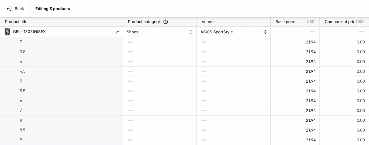 Shopify bulk editor editing 3 products with the Product title, Product category, Vendor, Base price and Compare-at price columns, one row per variant
