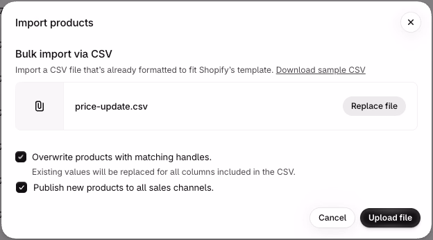Shopify Import products window with a file named price-update.csv and the option Overwrite products with matching handles selected
