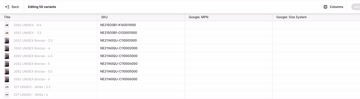 Shopify bulk editor editing 50 variants with the columns Title, SKU, Google: MPN and Google: Size System
