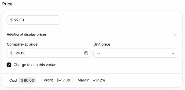 Shopify admin variant pricing card with a price of $99.00 and a compare-at price of $120.00