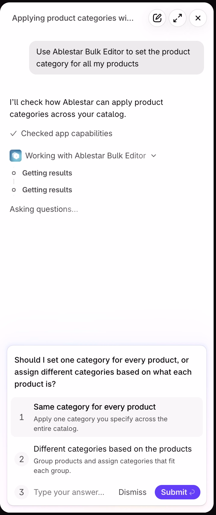 Sidekick asking Should I set one category for every product, or assign different categories based on what each product is, with the options Same category for every product and Different categories based on the products
