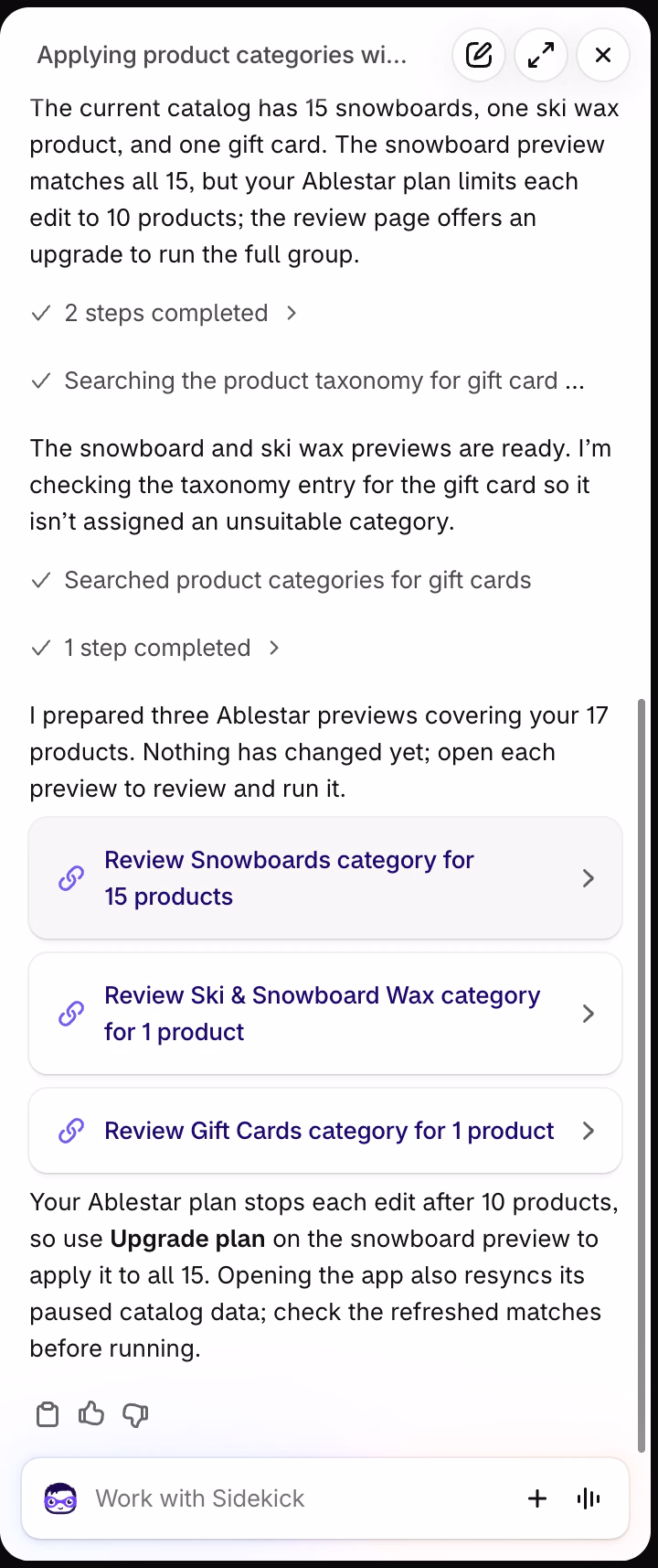 Sidekick answer that says it prepared three Ablestar previews covering 17 products, with the links Review Snowboards category for 15 products, Review Ski & Snowboard Wax category for 1 product, and Review Gift Cards category for 1 product