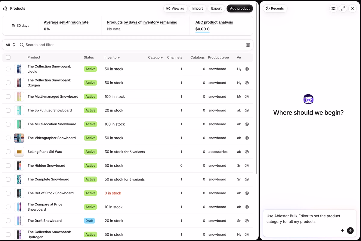 Shopify Products list where the Category column is empty for every product, with the Sidekick panel open and the prompt Use Ablestar Bulk Editor to set the product category for all my products