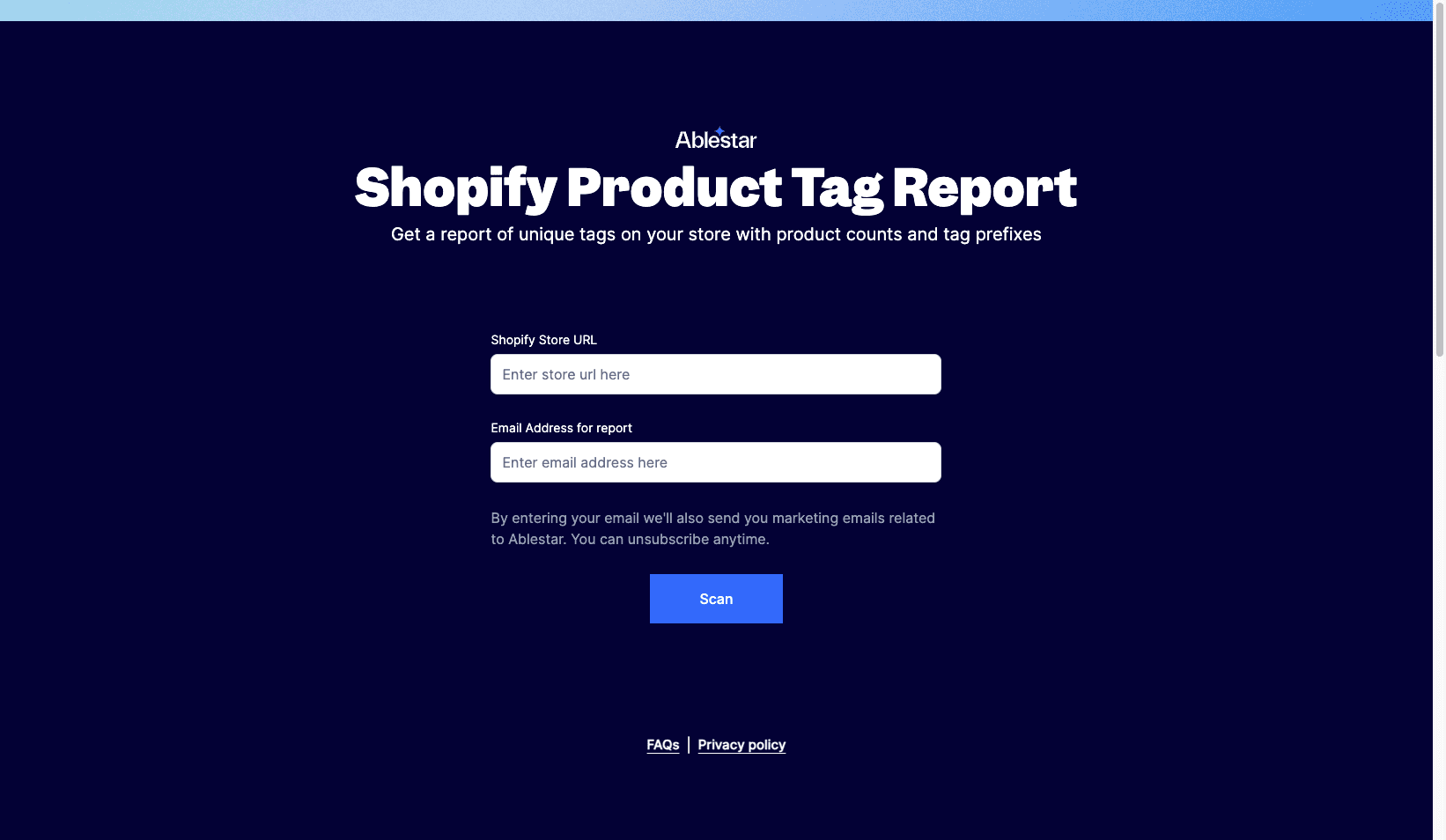 Shopify product tag report home page