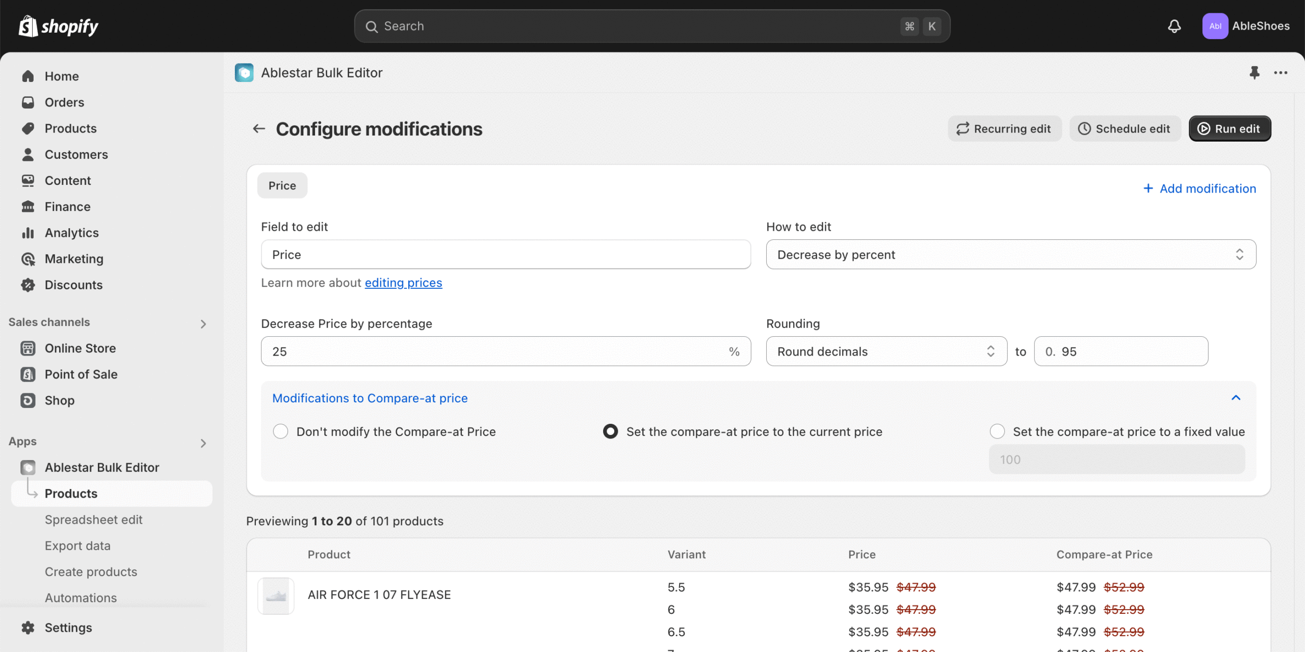 Configuring a bulk price edit in Bulk Product Editor