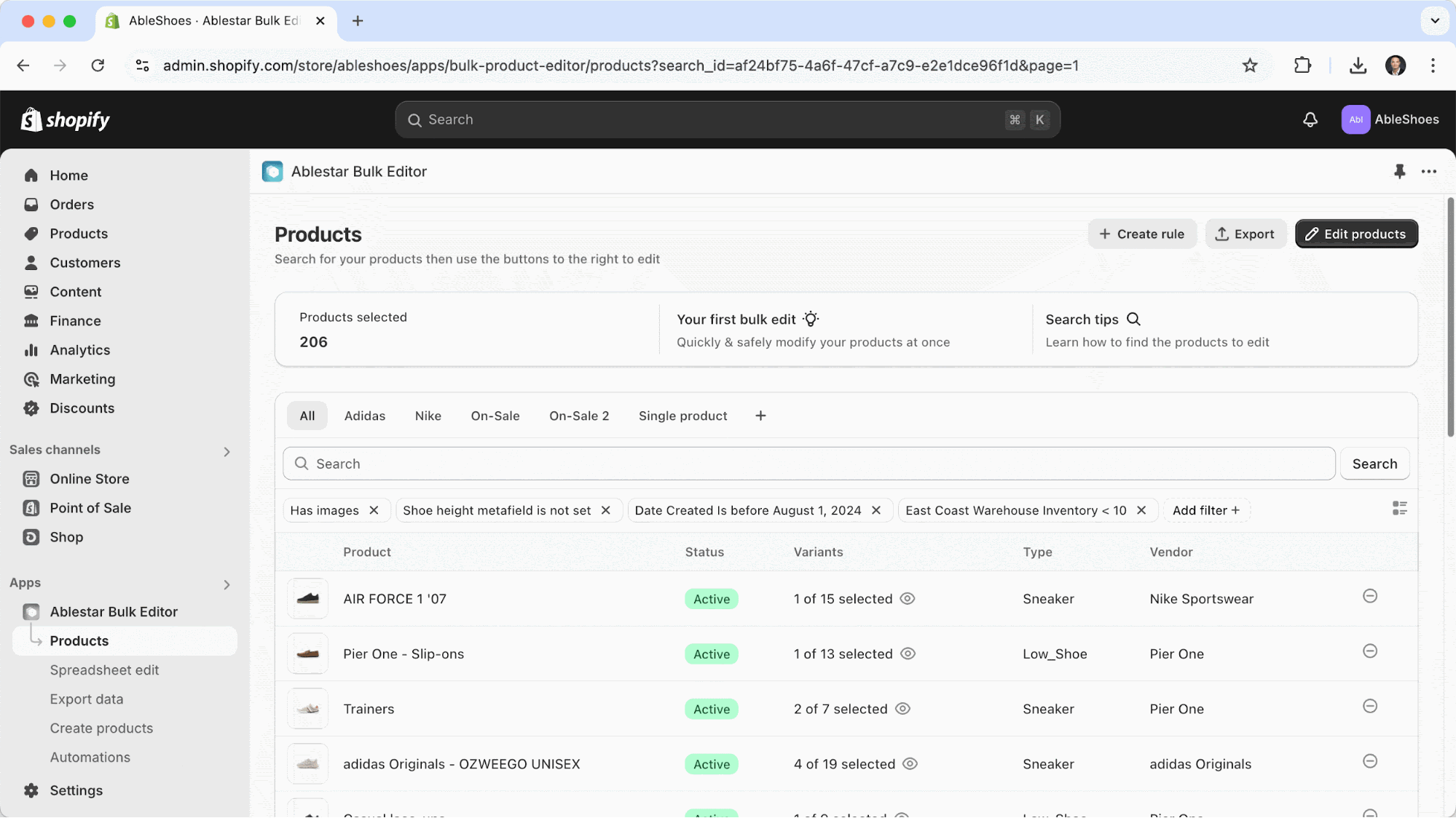 Bulk Product Editor running embedded inside the Shopify admin