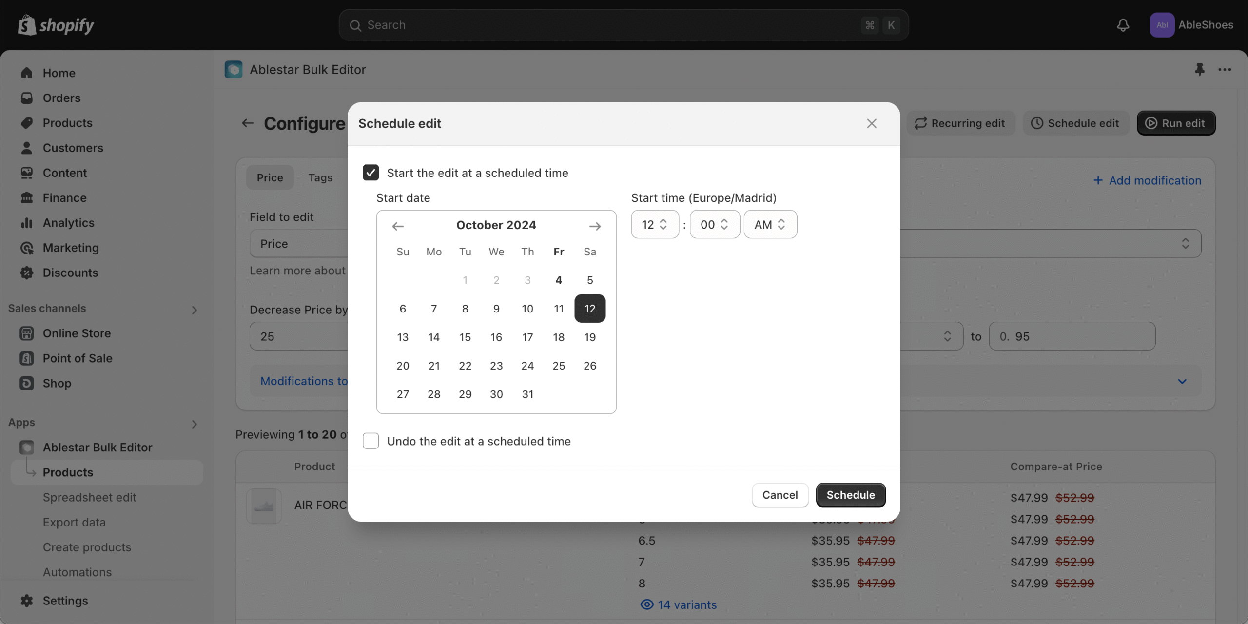 Scheduling a bulk edit for a future start and end date